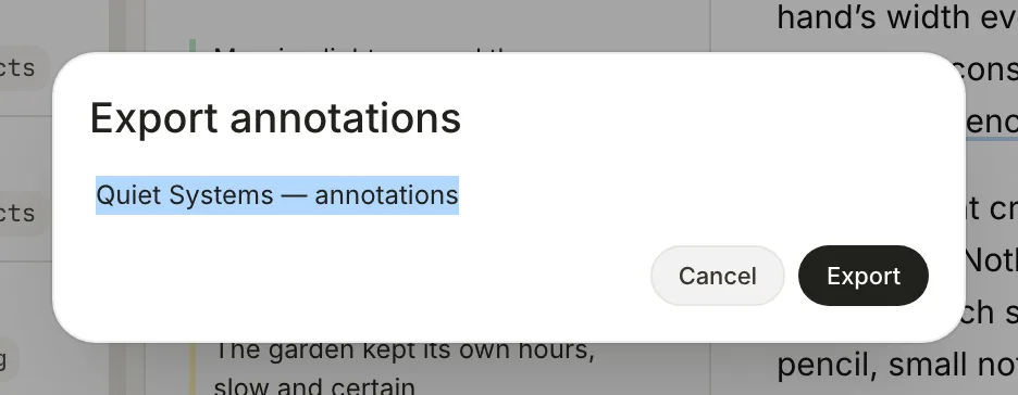 The Export annotations window with the title Quiet Systems — annotations.