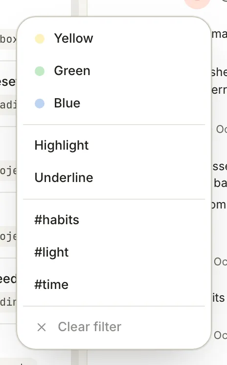 The Filter menu listing Yellow, Green and Blue, the Highlight and Underline styles, and the tags habits, light and time.