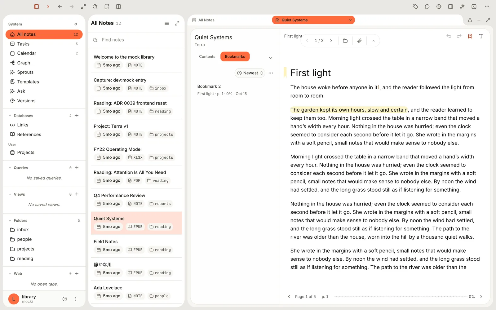 The Bookmarks tab with one bookmark, Bookmark 2, and a yellow mark beside the chapter title.