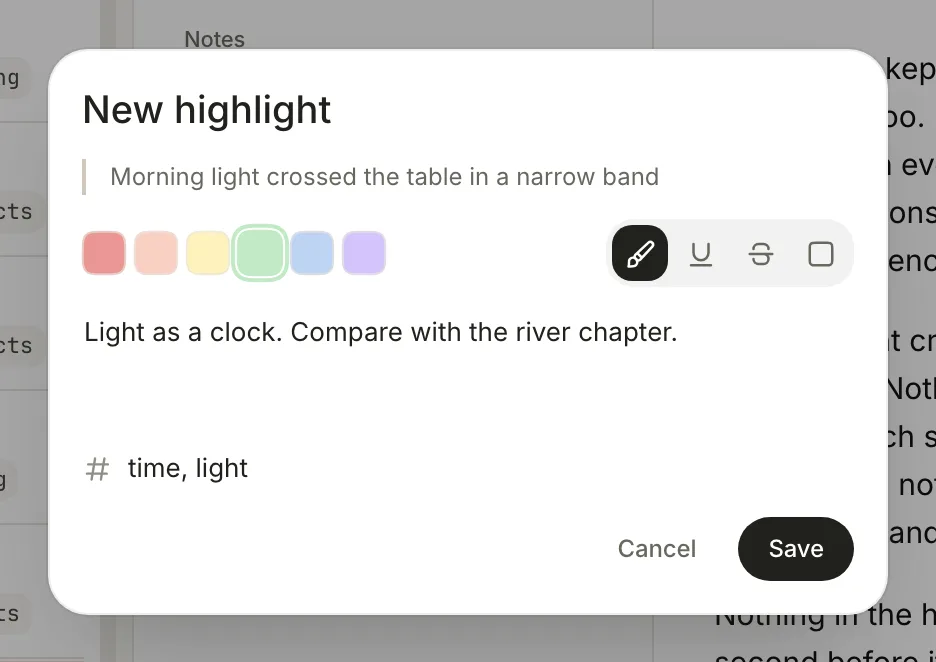 The New highlight window with the quote, green selected, the Highlight style, a note and the tags time, light.