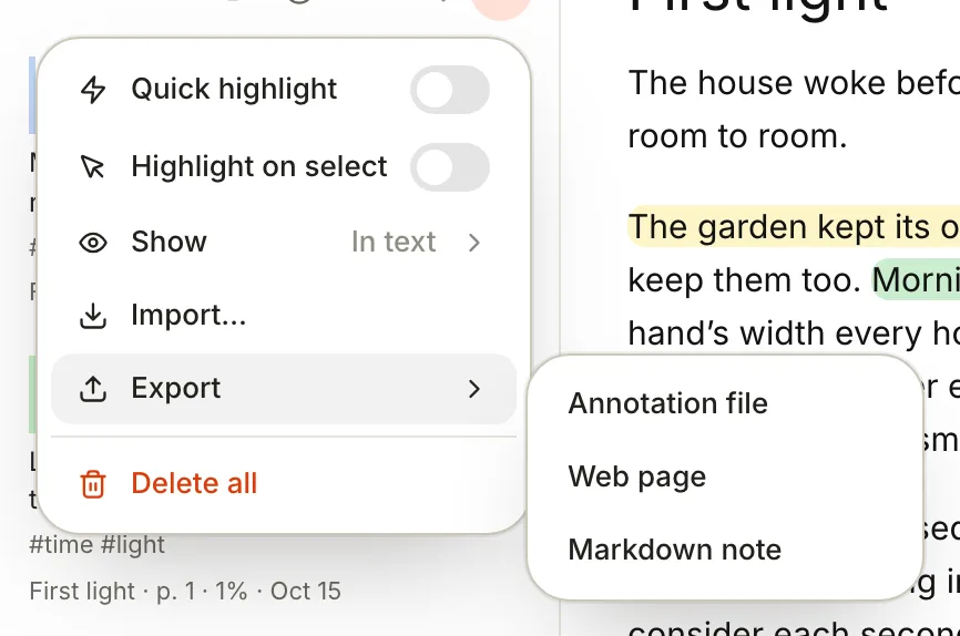 The Highlight options menu with Quick highlight, Highlight on select, Show, Import, Export and Delete all; Export is open showing Annotation file, Web page and Markdown note.