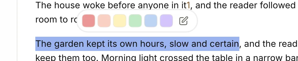 A sentence selected in the book, with six colour swatches and a pencil button floating above it.