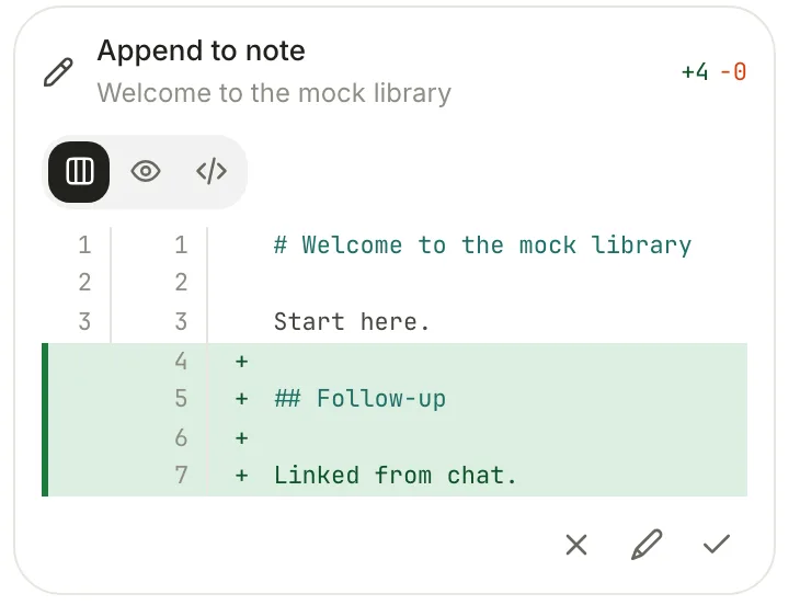 An approval card for Append to note on the welcome note, showing four added lines and buttons to deny, edit or approve.