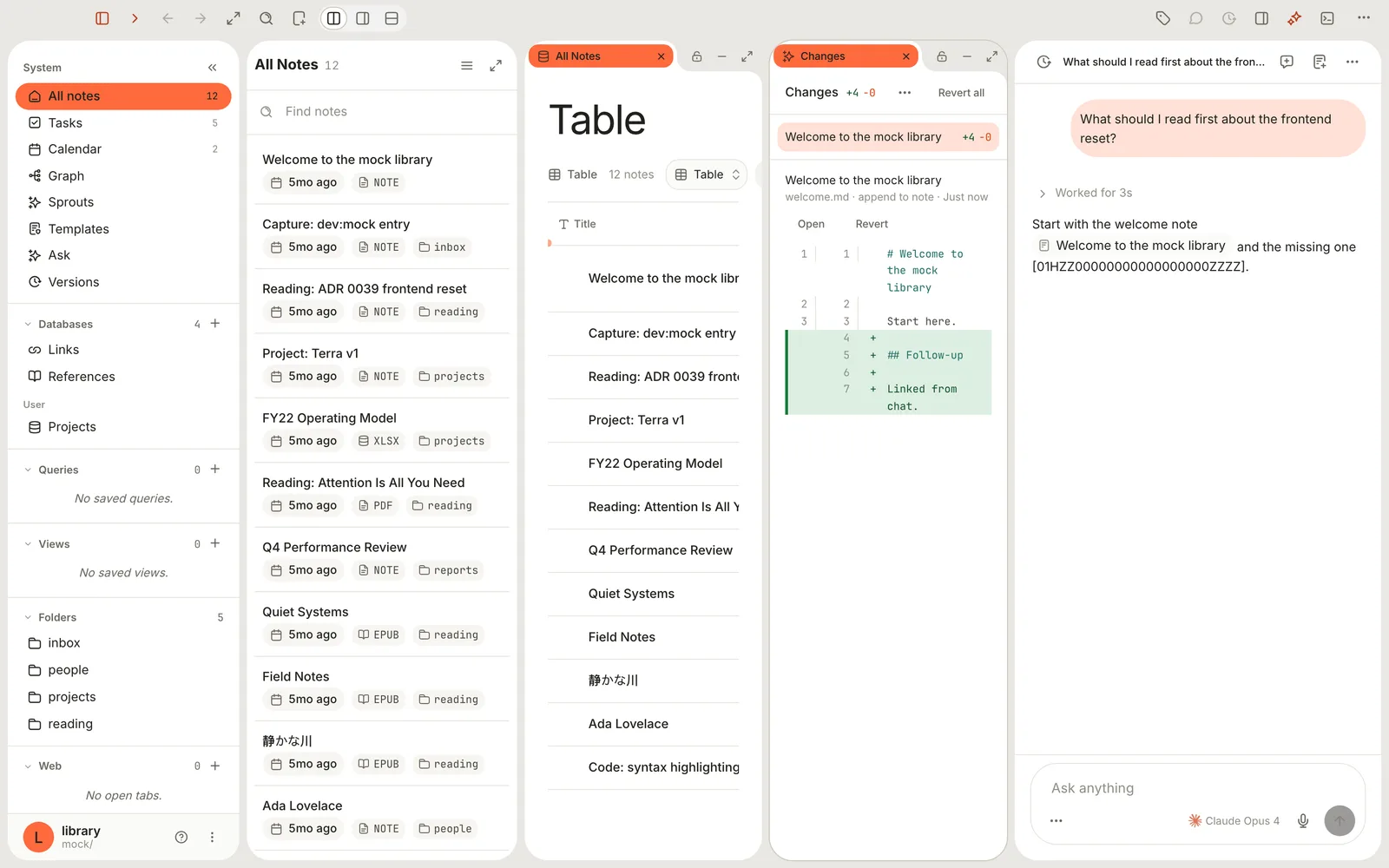 The Changes pane split beside the chat, listing one changed note with its diff and Open and Revert buttons.