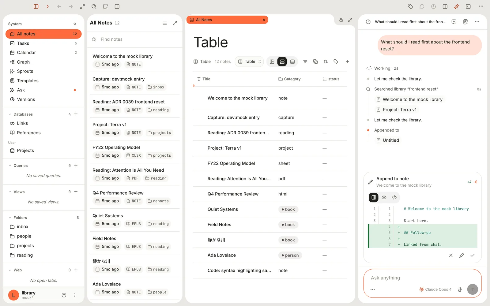 The AI conversations drawer, open beside a table of notes. The assistant has searched the Library, found two notes and is waiting for approval to append to one of them.