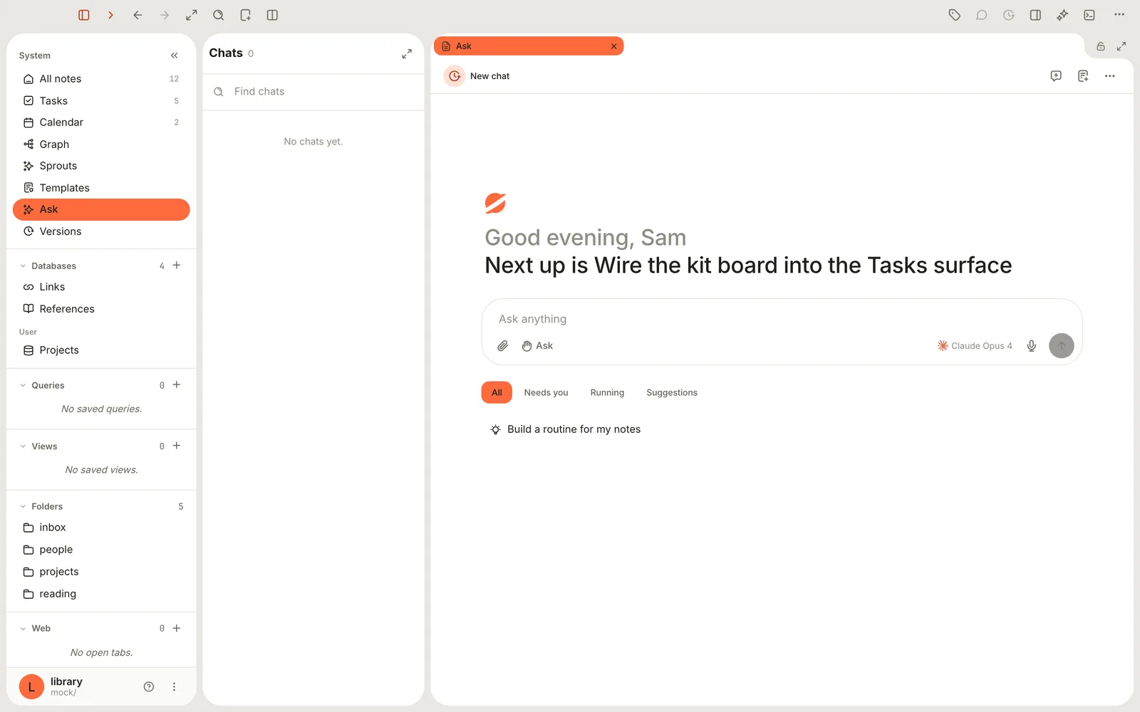 The Ask page: a greeting, the Ask anything box, and tabs for All, Needs you, Running and Suggestions.