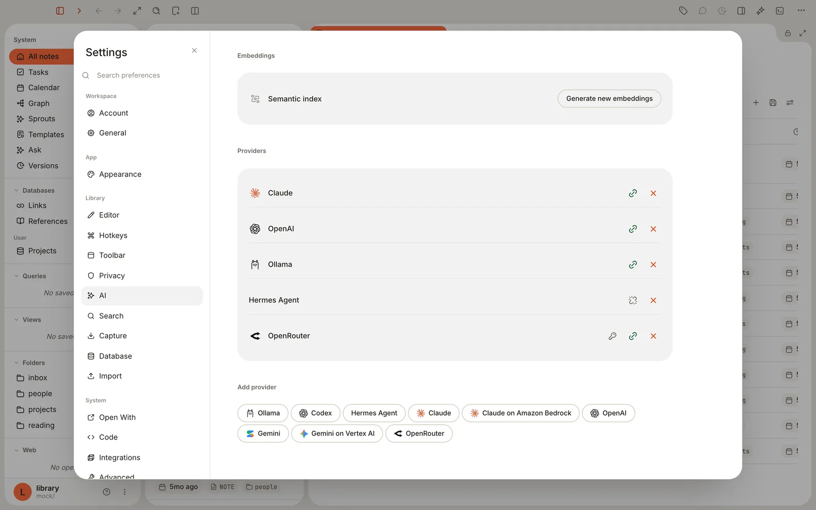 Settings, AI pane, showing connected providers and the Add provider buttons.