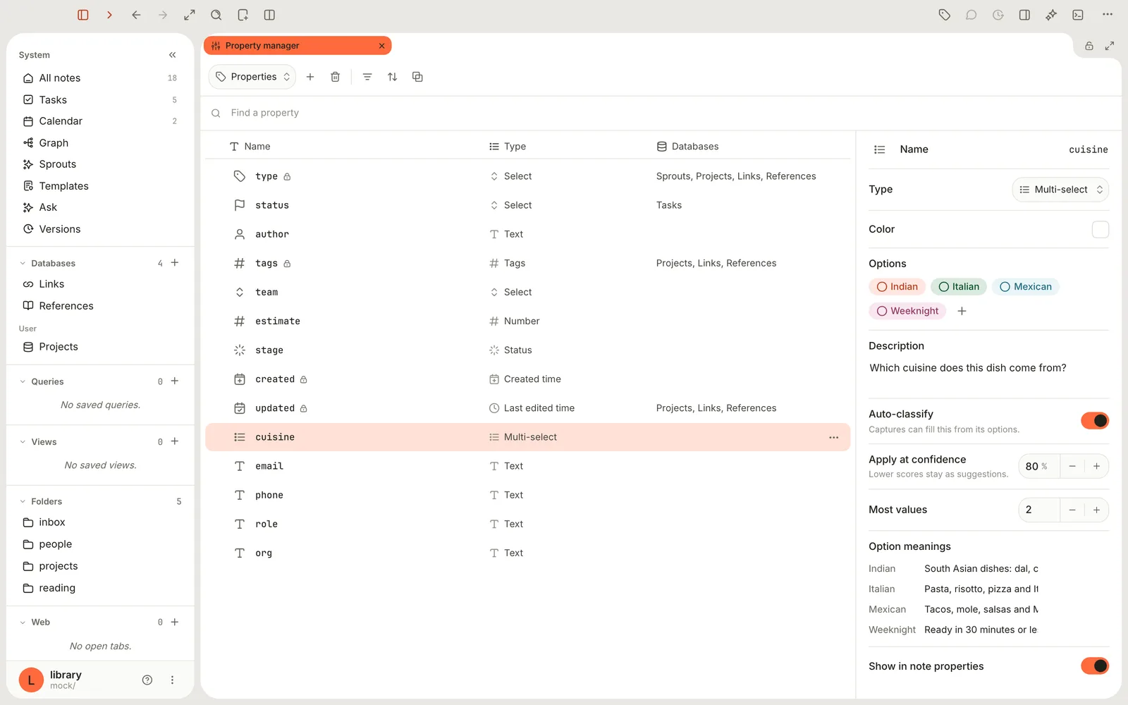 The Property manager with the cuisine property selected: Multi-select type, four options, the description, Auto-classify on, Apply at confidence 80 percent, Most values 2 and an option meaning for each option.