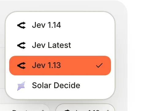 The classifier model menu listing Jev 1.14, Jev Latest, Jev 1.13 (selected) and Solar Decide.