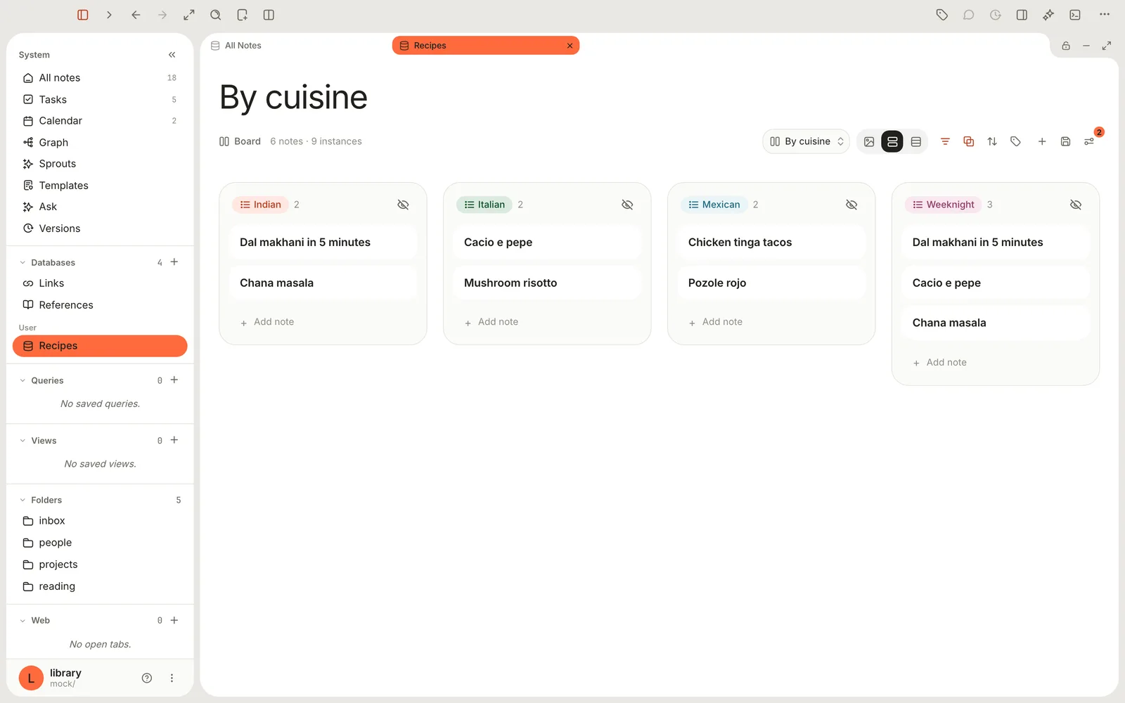 A Recipes database shown as a board with columns Indian, Italian, Mexican and Weeknight, each holding the recipes classified into it.