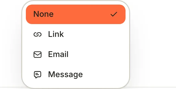 The Source menu with None, Link, Email and Message.