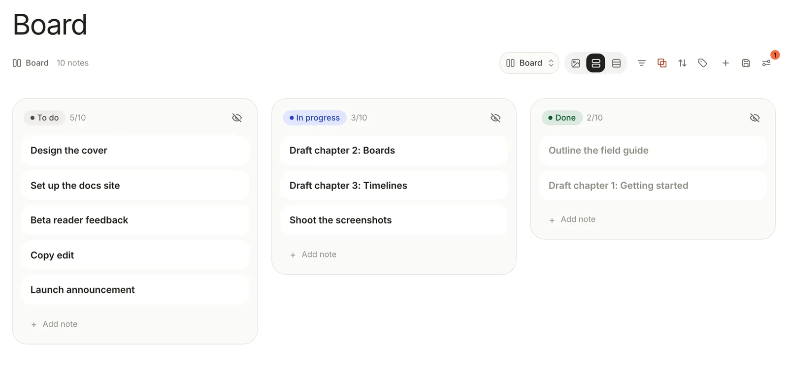 A board grouped by status group, with three columns: To do holding five cards, In progress three and Done two.