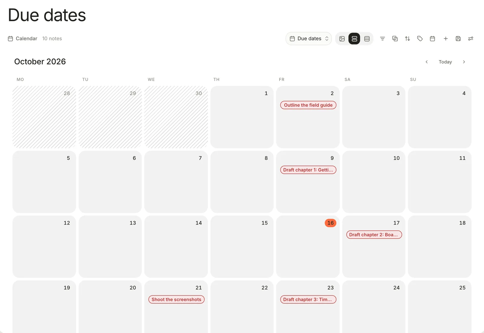 A Calendar view named Due dates showing October 2026, with field-guide work items on the days they're due.