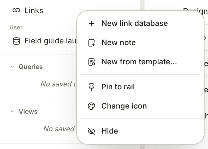 The right-click menu on Links: New link database, New note, New from template…, Pin to rail, Change icon and Hide.