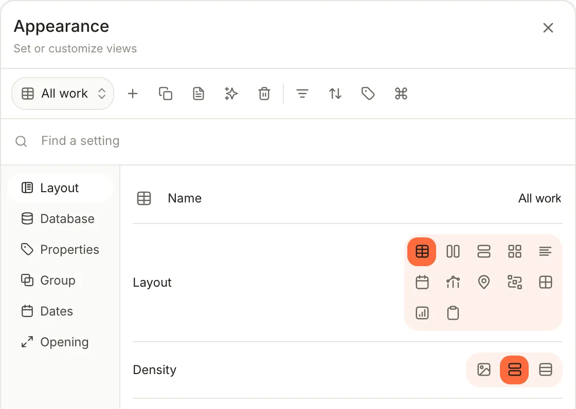 The Layout tab of View preferences: Name All work, and a grid of twelve layout icons with Table selected, followed by Density.