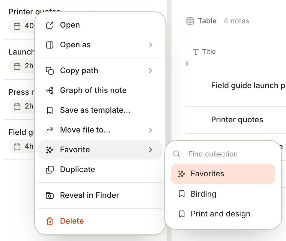 The Favorite submenu of a note, with a search box and three choices: Favorites, Birding, and Print and design.