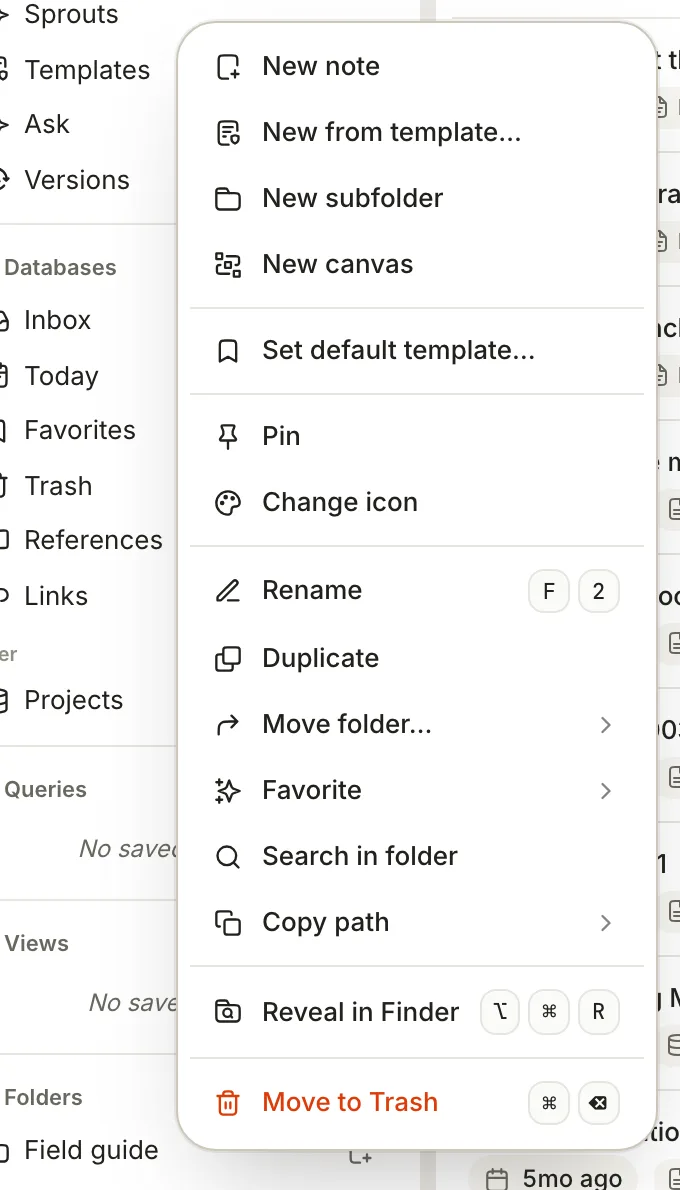 The right-click menu of the Field guide folder, from New note to Move to Trash.