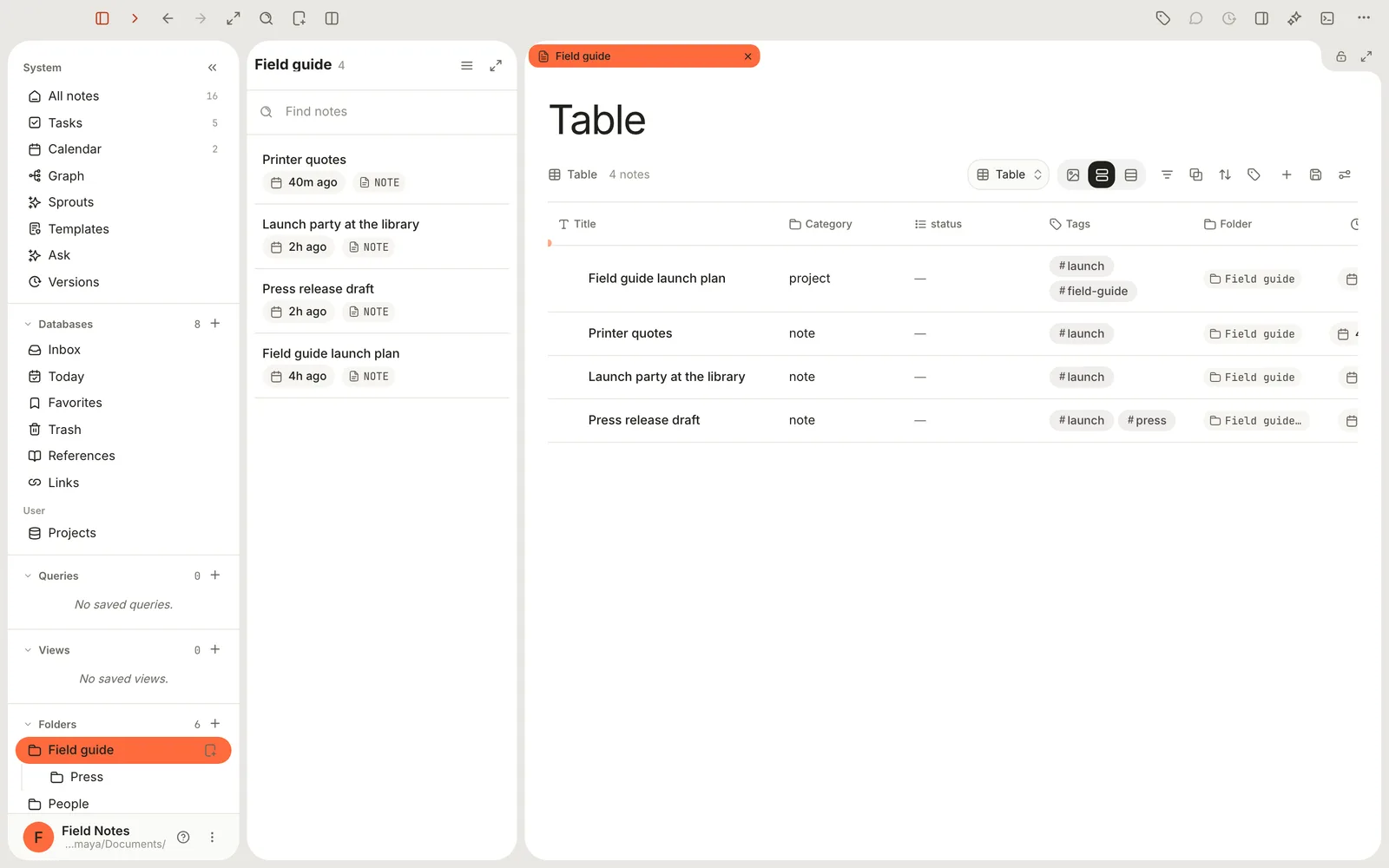 Terra with the Field guide folder selected. The note list shows its four notes, one of them from the Press subfolder, and the main pane shows the folder as a table.