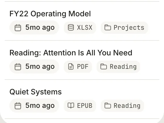 Three rows in the note list, labelled XLSX, PDF and EPUB.