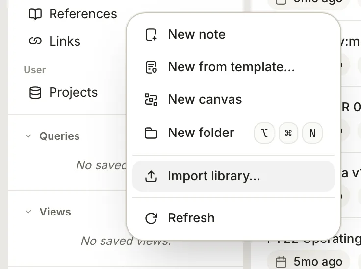 The sidebar's right-click menu with Import library… highlighted, between New folder and Refresh.