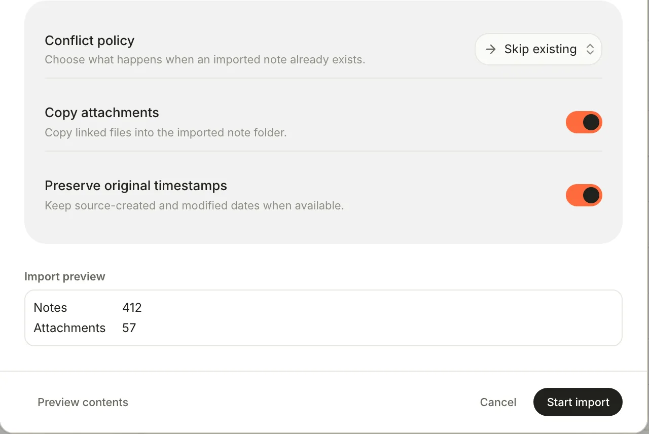 The bottom of the Import window: Conflict policy set to Skip existing, Copy attachments and Preserve original timestamps both on, an Import preview of 412 notes and 57 attachments, and the Start import button.