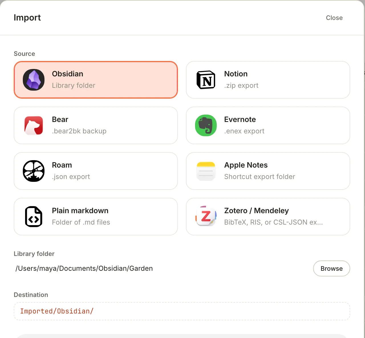 The Import window with the Obsidian source selected, the path /Users/maya/Documents/Obsidian/Garden, and Imported/Obsidian/ as the destination.