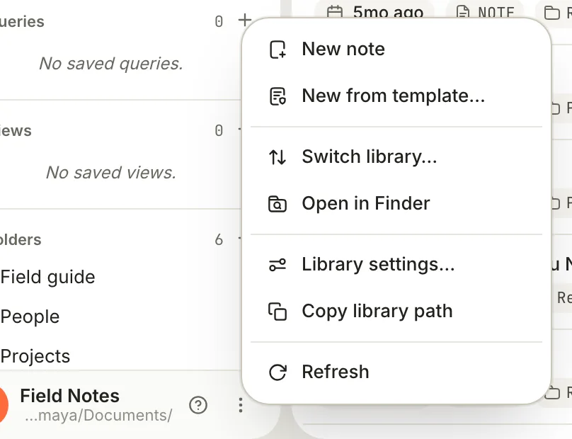 The Library menu open above the Field Notes name at the bottom of the sidebar.