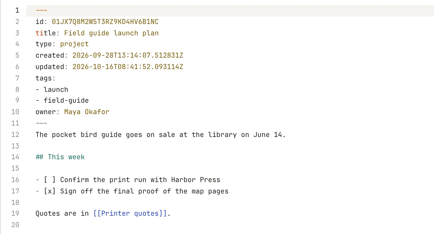 The launch plan in Markdown source view: numbered lines showing the YAML header and the Markdown text.
