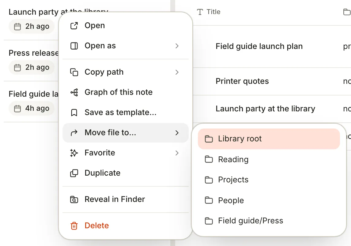 The right-click menu of a note with Move file to… open, listing Library root and the other folders.