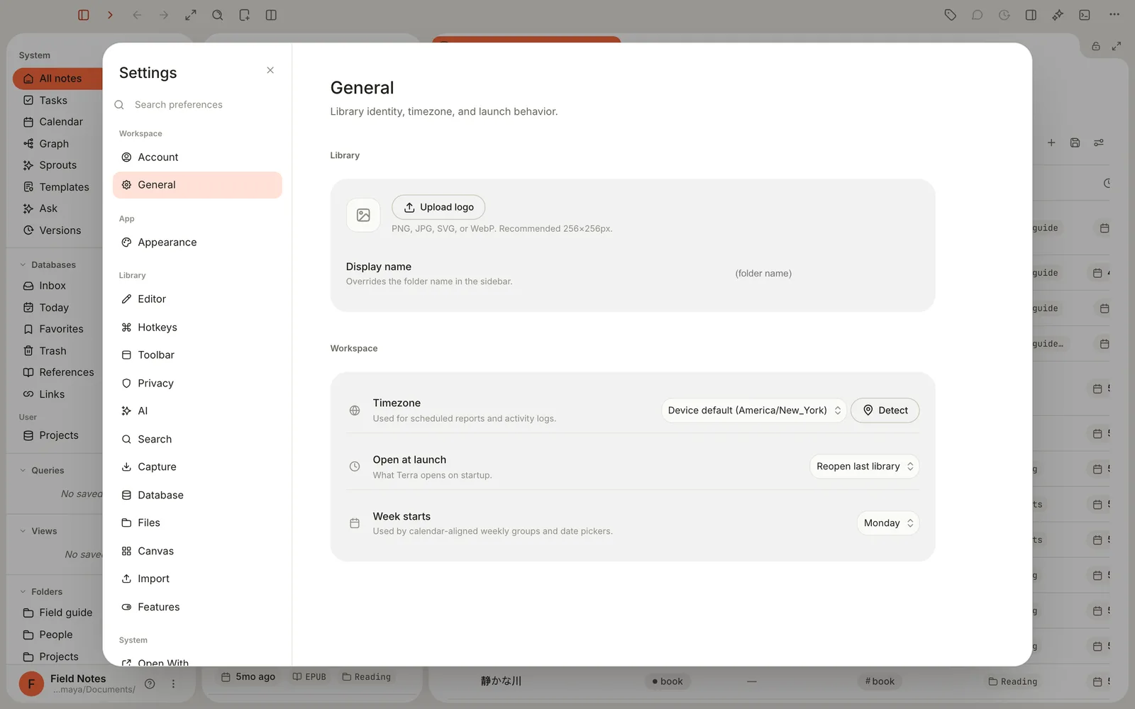 Settings open on General, with the list of panes grouped under Workspace, App, Library and System.