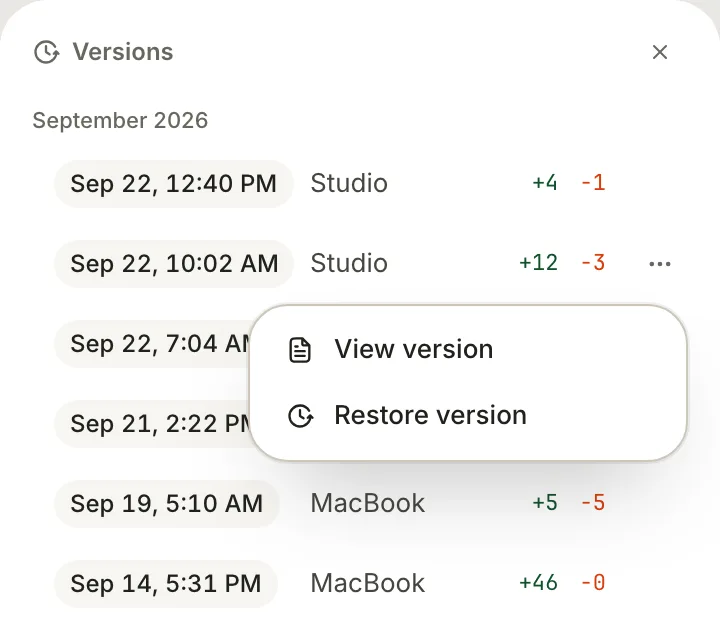 The Versions panel for a note, listing saves from September 2026 with their dates and line counts. The menu beside one save shows View version and Restore version.