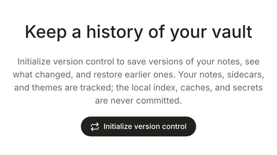 The Versions page before it's set up: the heading Keep a history of your vault, a short explanation and an Initialize version control button.