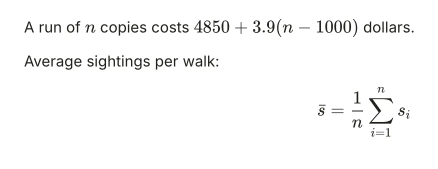 The sentence with n and the cost formula set as math, and the average formula centred on its own line.