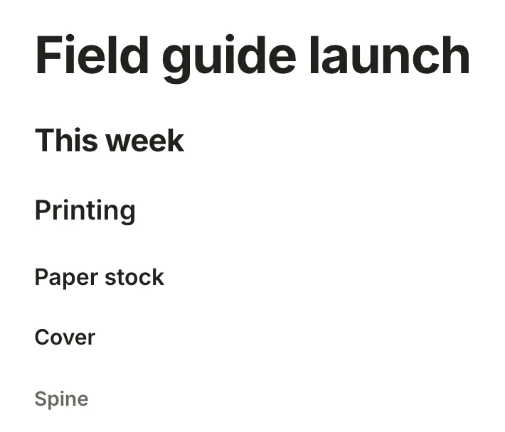 Six headings in Terra's editor, from the large Field guide launch down to a small grey Spine.