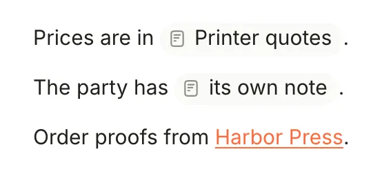 Two note links shown as chips, Printer quotes and its own note, and a web link, Harbor Press, underlined.