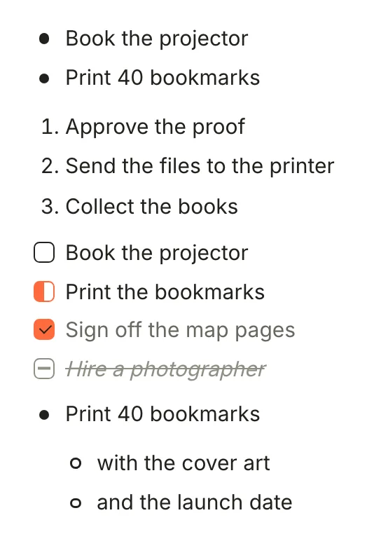 The lists above in Terra: two bullets, three numbered steps, four to-dos (open, half-filled in progress, checked done and struck-through cancelled) and a bullet with two nested items.