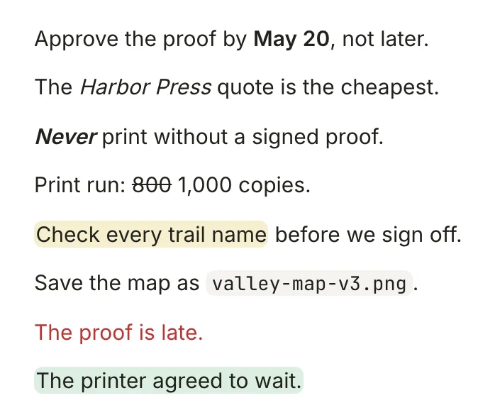 The examples above in Terra: bold, italic, bold italic, struck-through, highlighted and code text, then a red sentence and a sentence on a green highlight.