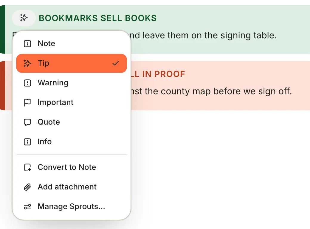 The Sprout icon menu: Note, Tip (checked), Warning, Important, Quote and Info, then Convert to Note, Add attachment and Manage Sprouts….