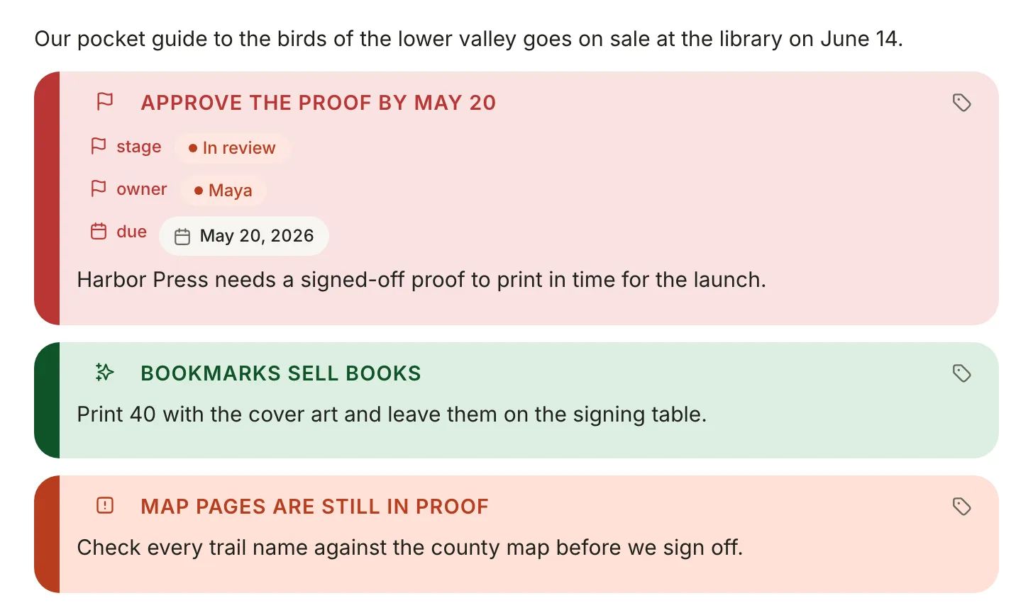 A launch plan note with three Sprouts: a red Important one carrying stage, owner and due properties, a green Tip and an orange Warning.