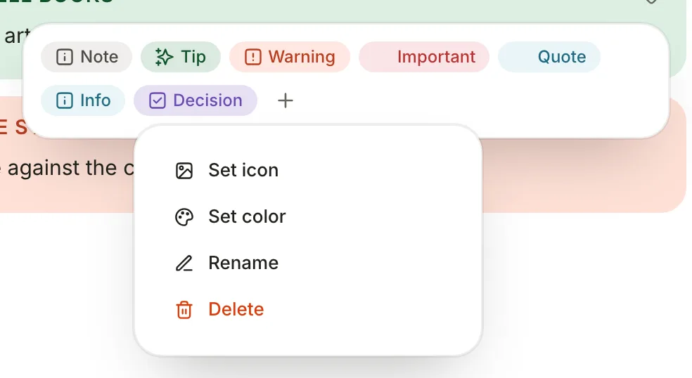 The Sprout types list: chips for Note, Tip, Warning, Important, Quote, Info and a custom Decision type, with the Decision chip's menu open on Set icon, Set color, Rename and Delete.