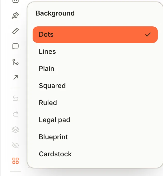 The Background menu listing Dots, Lines, Plain, Squared, Ruled, Legal pad, Blueprint and Cardstock.