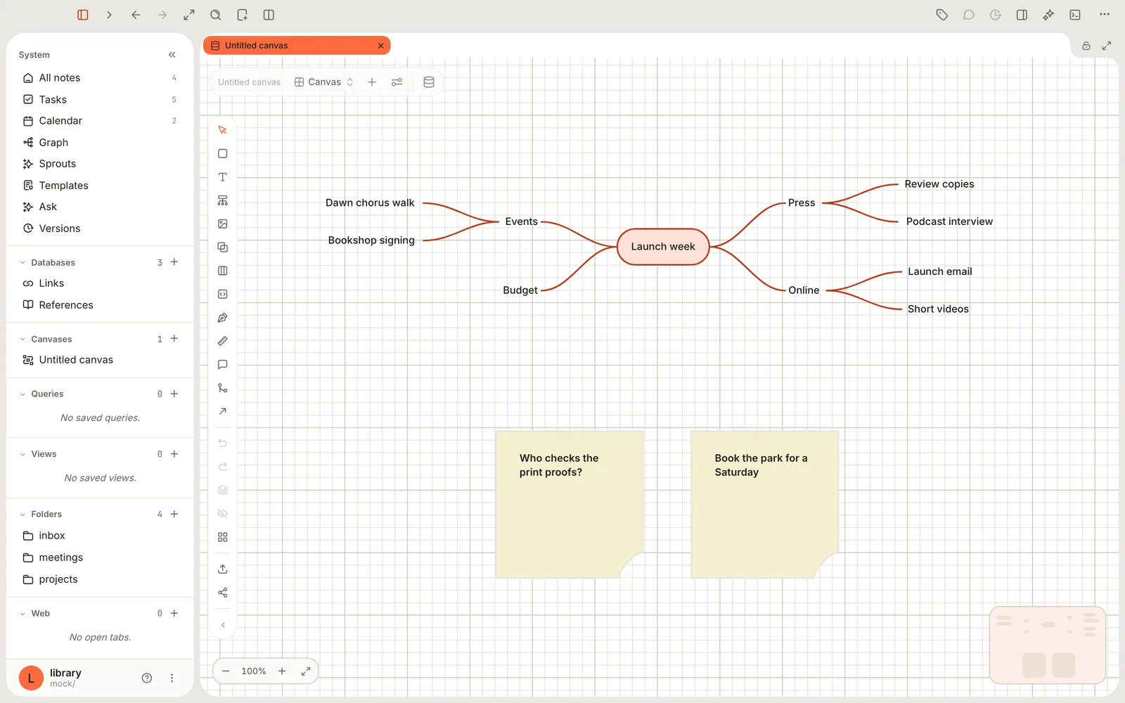 A canvas with a mind map: Launch week in the middle, branching to Events, Budget, Press and Online, each with its own ideas, and two sticky notes below on squared paper.