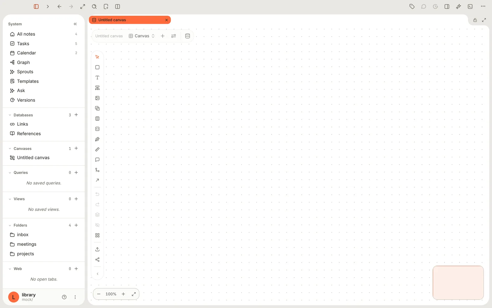 An empty canvas with a dotted background, the tool rail down the left, zoom controls at the bottom left and a minimap at the bottom right. The sidebar lists Untitled canvas under Canvases.