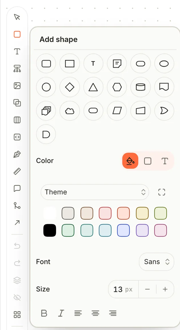 The Add shape panel: a grid of 19 shapes, then Color with Fill, Border and Text, a colour palette, Font, Size and text style buttons.