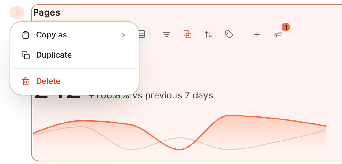 The block menu open beside the Pages block, with Copy as, Duplicate and Delete.