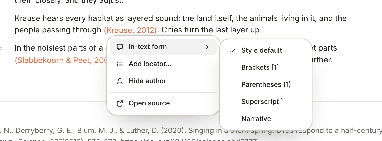 A citation's menu with In-text form, Add locator…, Hide author and Open source. In-text form is open, showing Style default, Brackets [1], Parentheses (1), Superscript ¹ and Narrative.