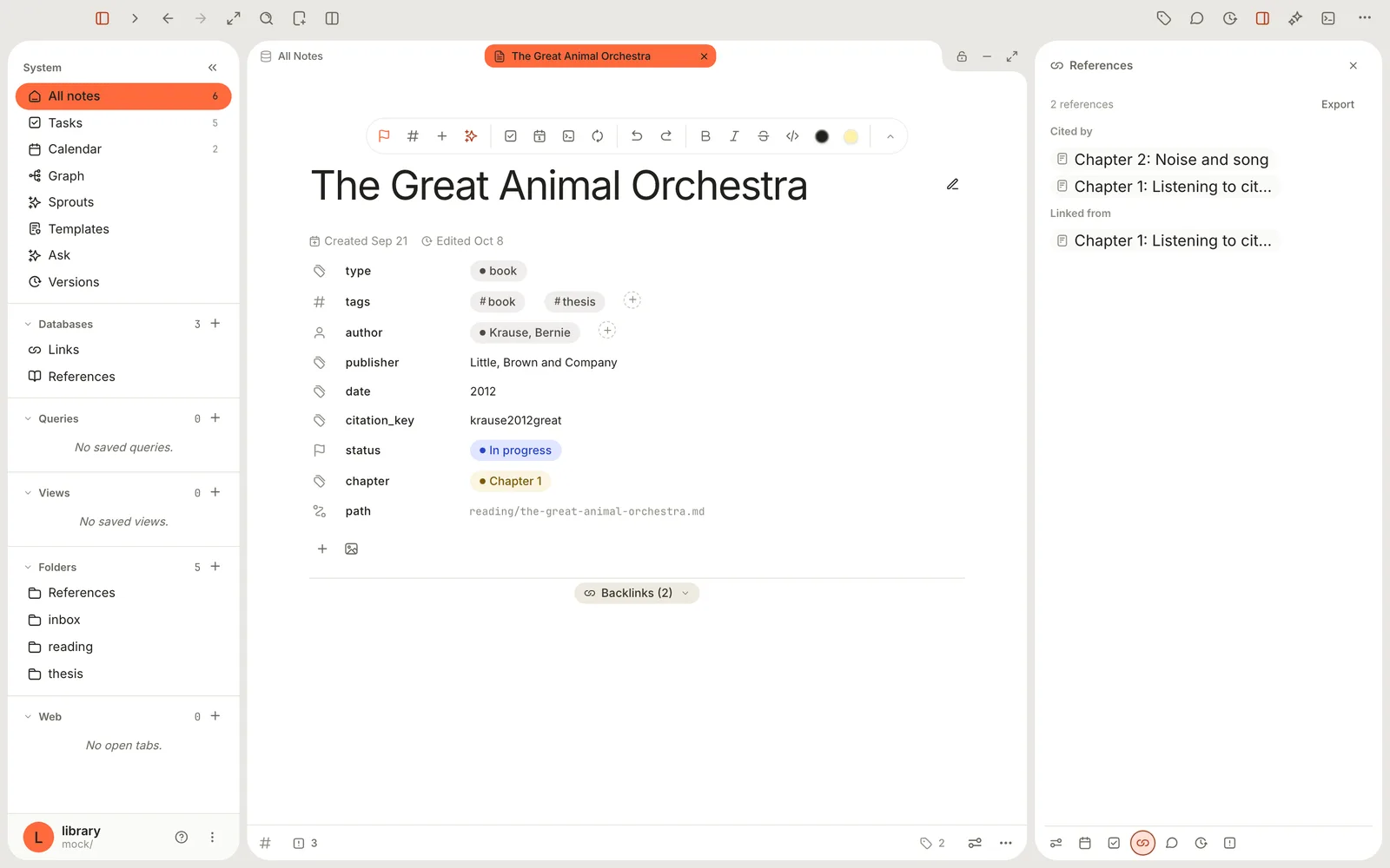 The Great Animal Orchestra's note, with its properties, and the References panel on the right listing two chapters under Cited by and one under Linked from.
