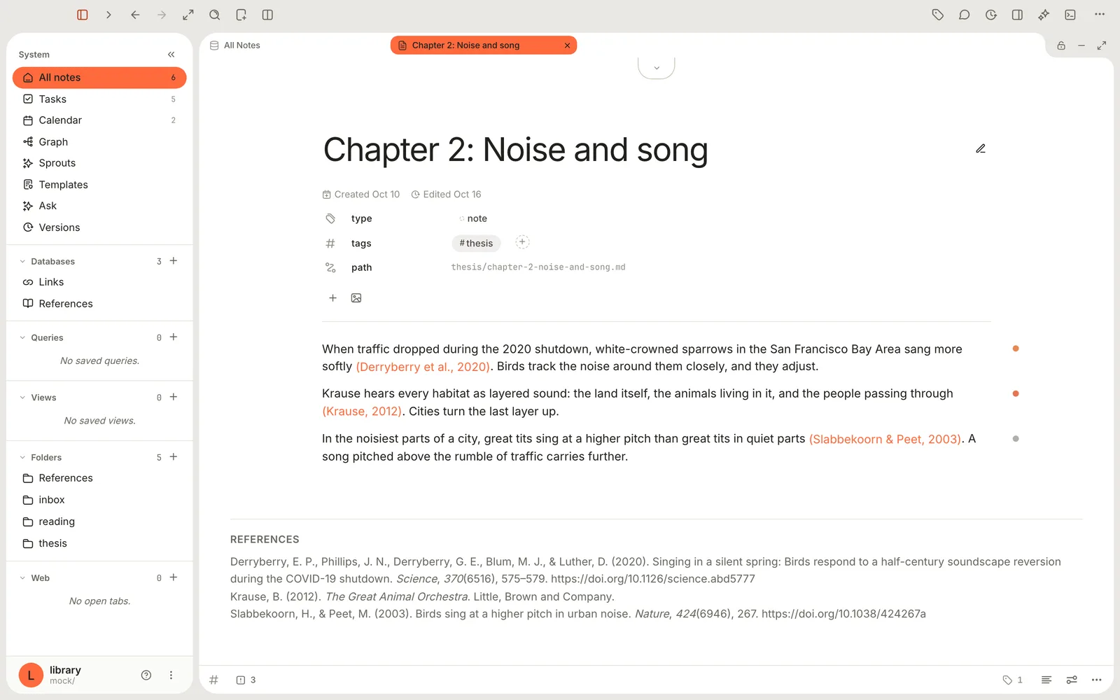 A thesis chapter with three citations in orange, (Derryberry et al., 2020), (Krause, 2012) and (Slabbekoorn & Peet, 2003), and a References section at the end listing all three in APA style.
