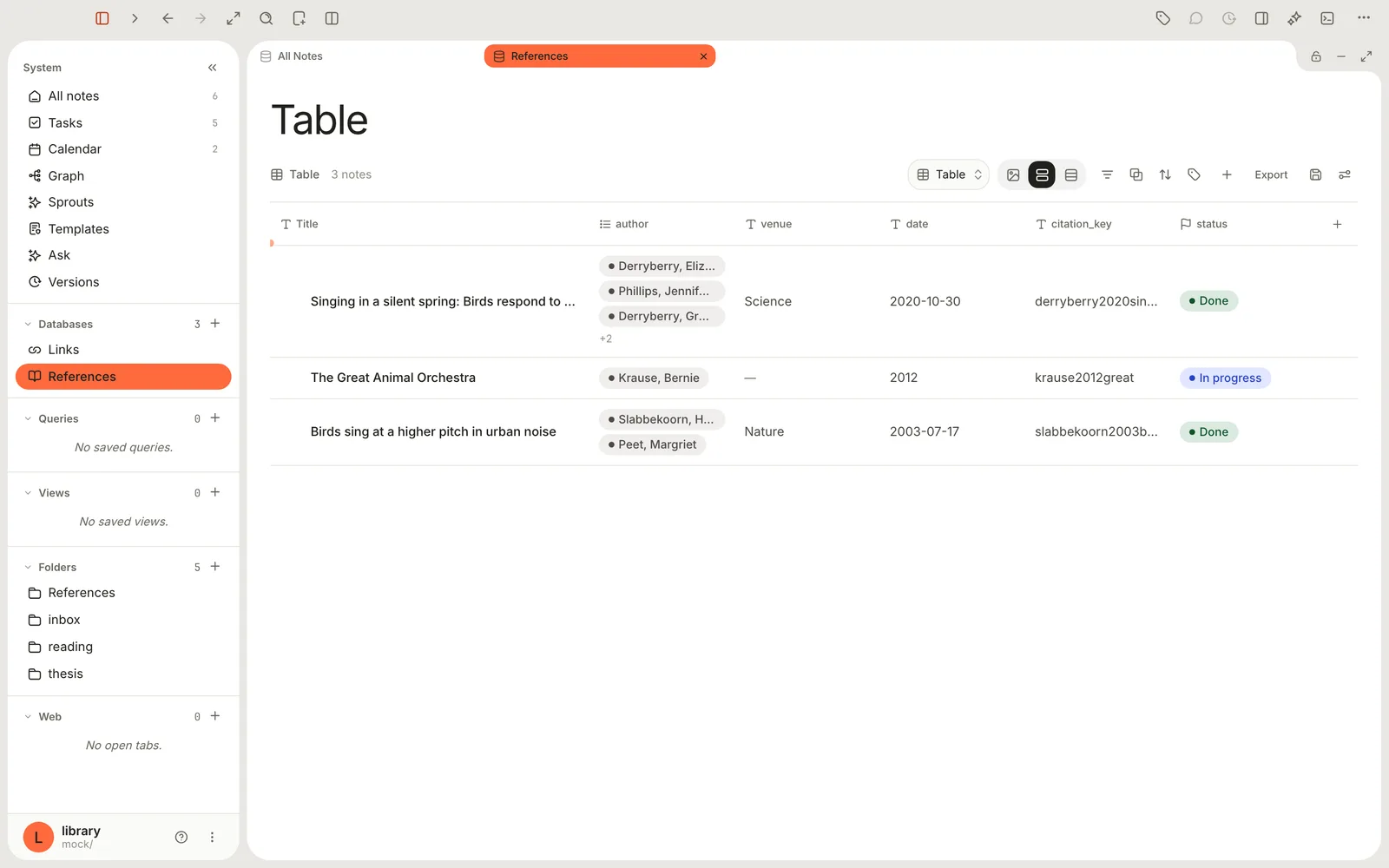 The References database as a table: three sources with their authors, venue, date, citation key and a status of Done or In progress.
