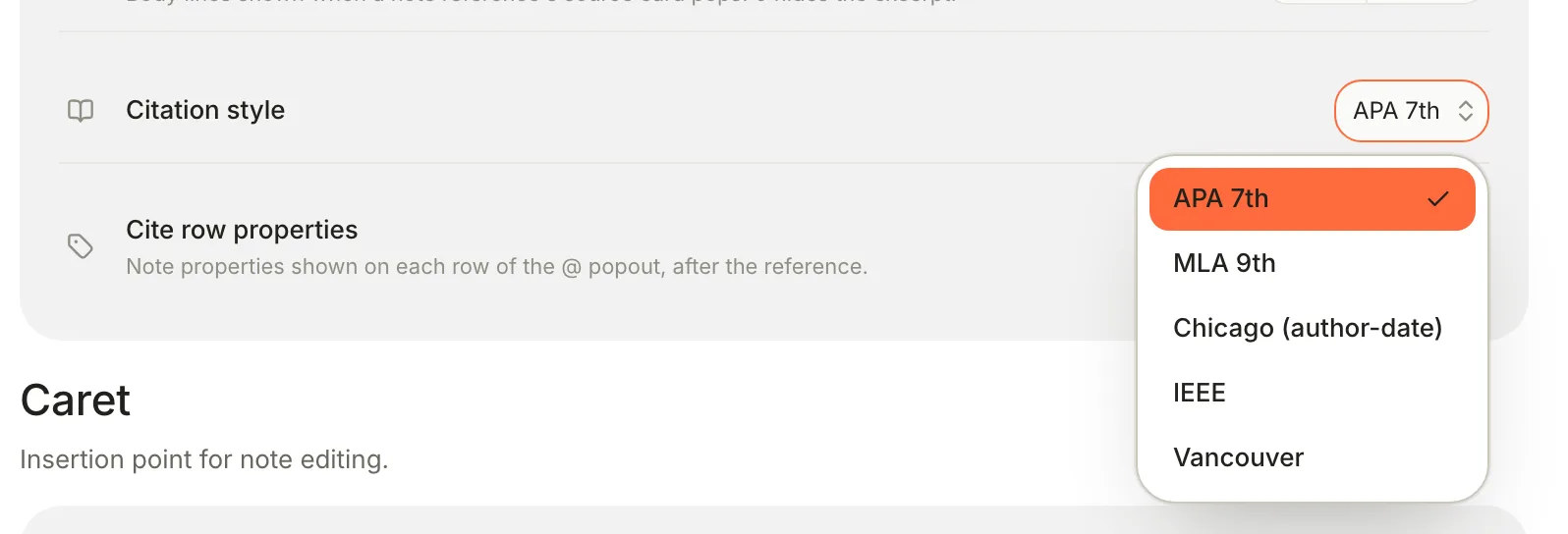 Settings, Editor pane: Citation style set to APA 7th, with the list open showing MLA 9th, Chicago (author-date), IEEE and Vancouver.
